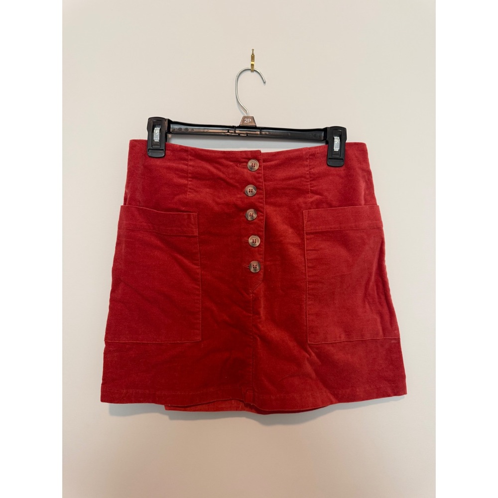 Forever 21 Red Corduroy Button Front Mini Skirt High Waisted Patch Pockets Sz M